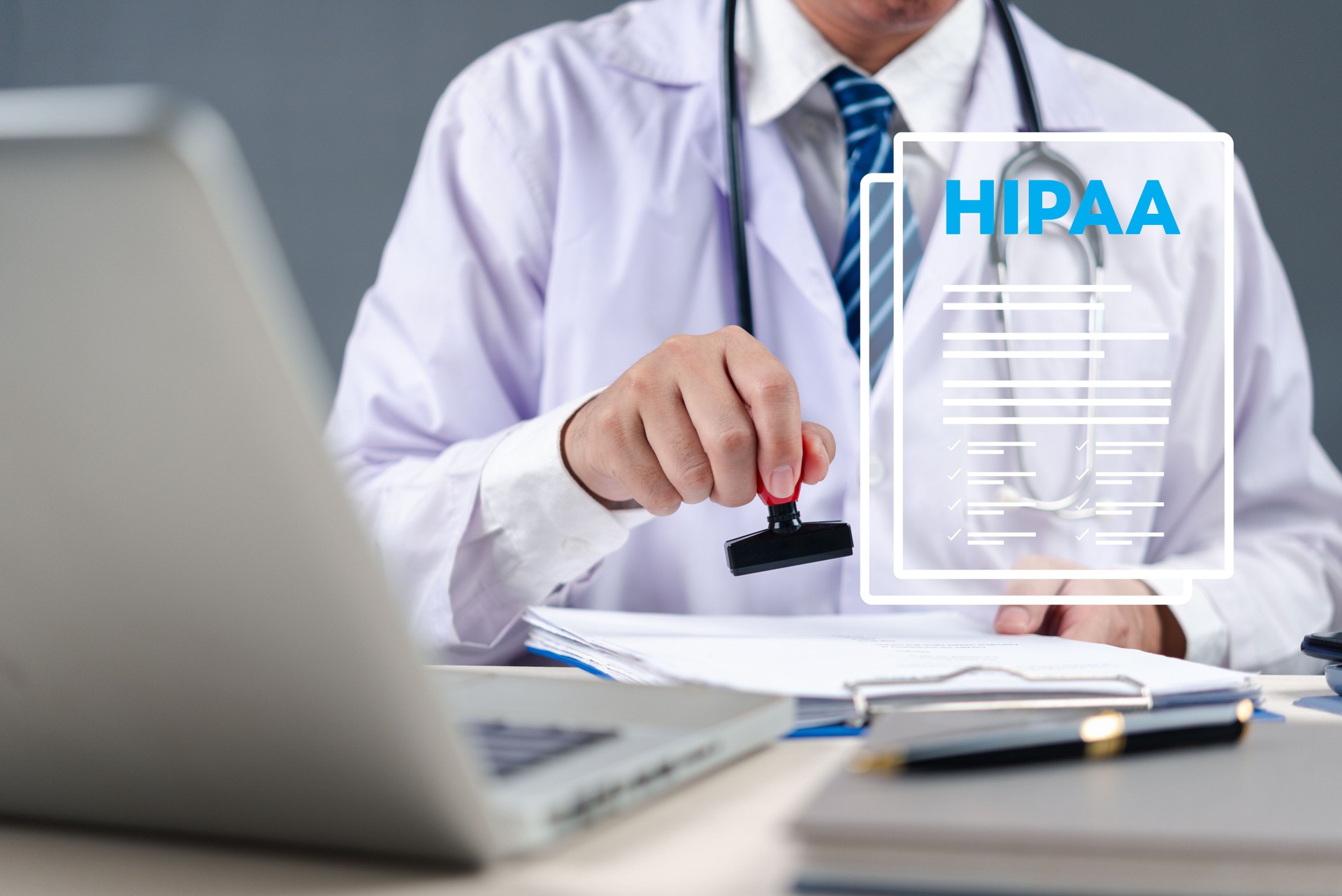 doctor in a white coat stamping medical documents with a HIPAA compliance digital icon overlay. The concept of healthcare data security, patient privacy protection, and electronic medical records.