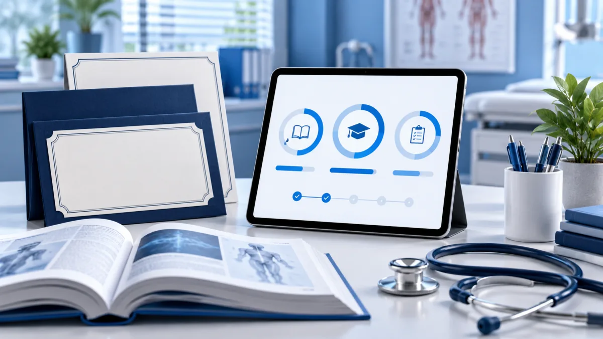 Continuing education certificates, medical textbook, and tablet with progress indicators