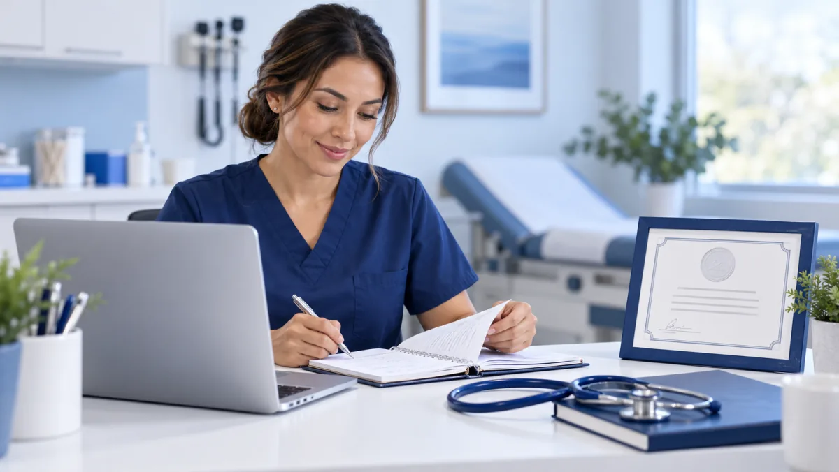 Nurse practitioner reviewing practice plans at a desk in a modern clinic