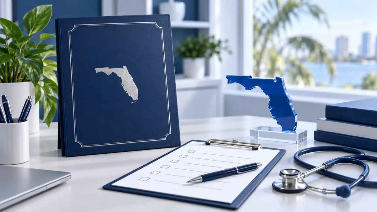 Registration checklist and credential folder beside a Florida-shaped ornament