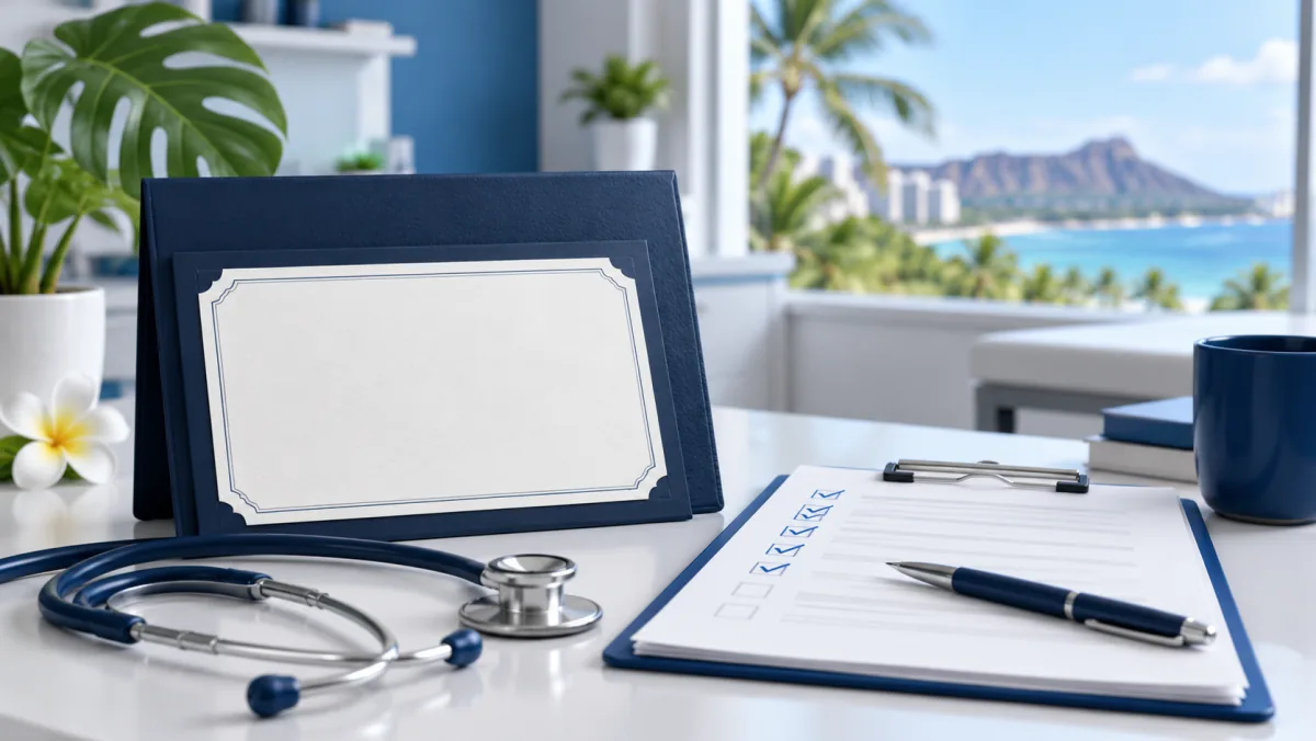 Certificate folder, application checklist, and stethoscope in a Hawaiian medical office