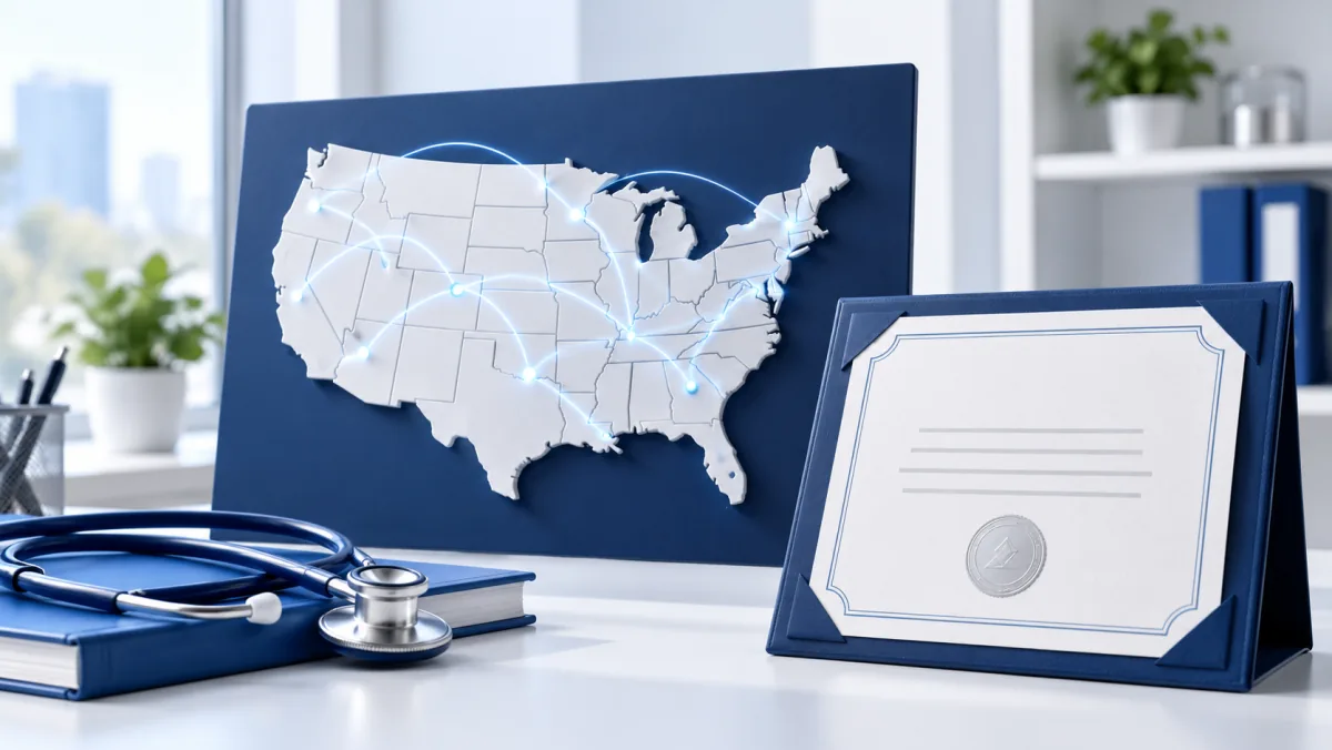 United States map with connection arcs beside a nursing credential and stethoscope
