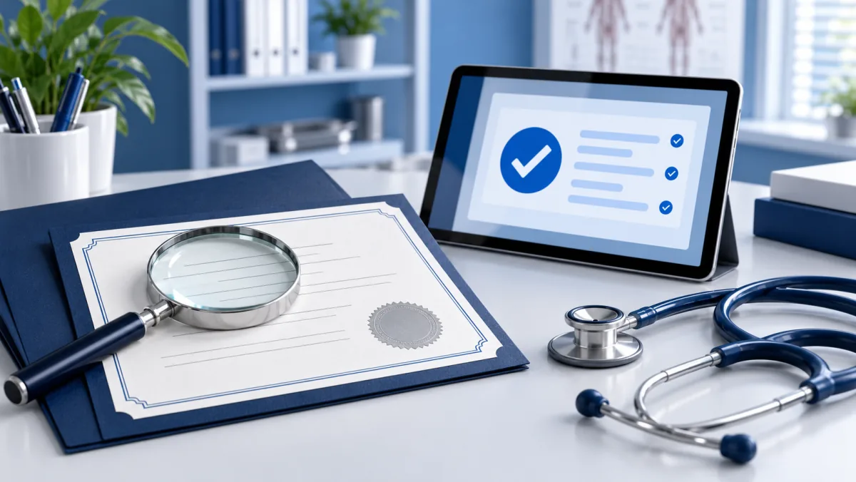 Magnifying glass over a nursing credential beside a digital verification checkmark