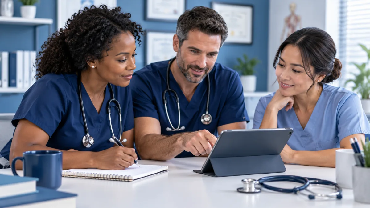Three clinicians reviewing a tablet together in a medical office