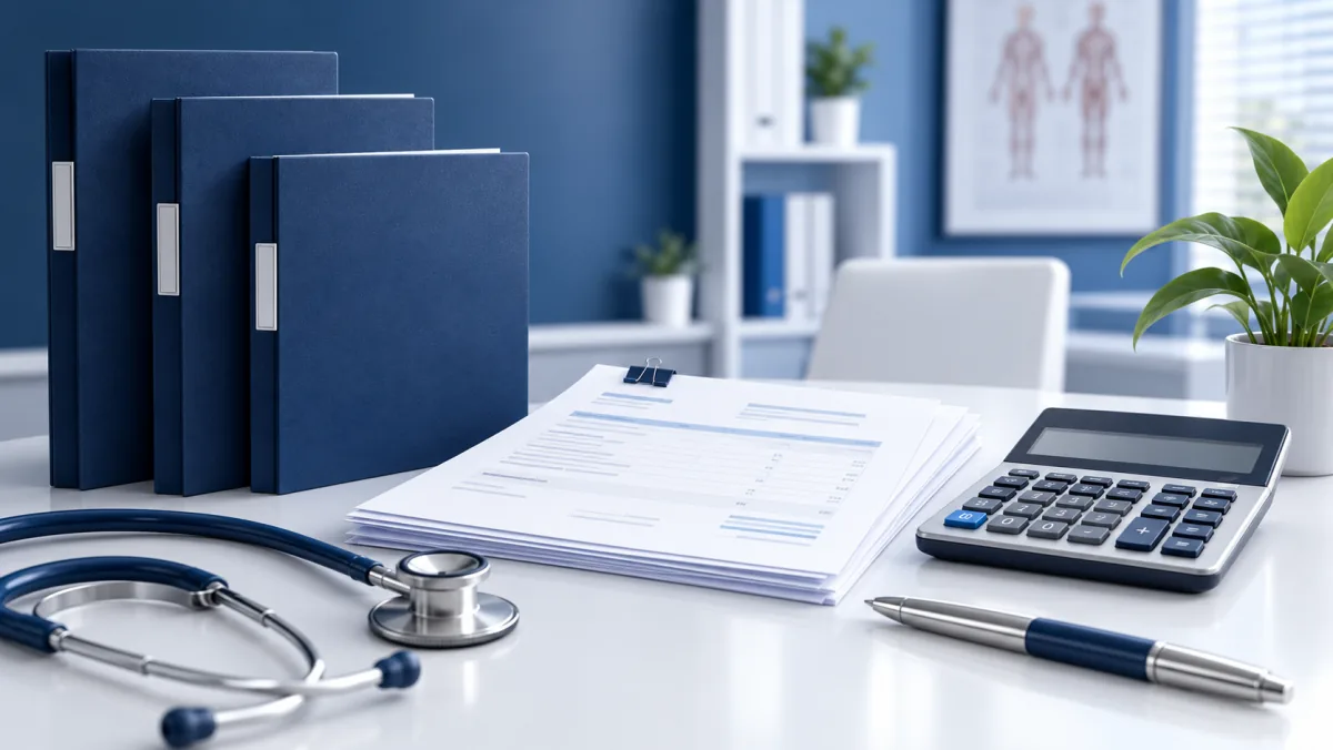 Calculator and estimate sheets beside organized licensing document folders