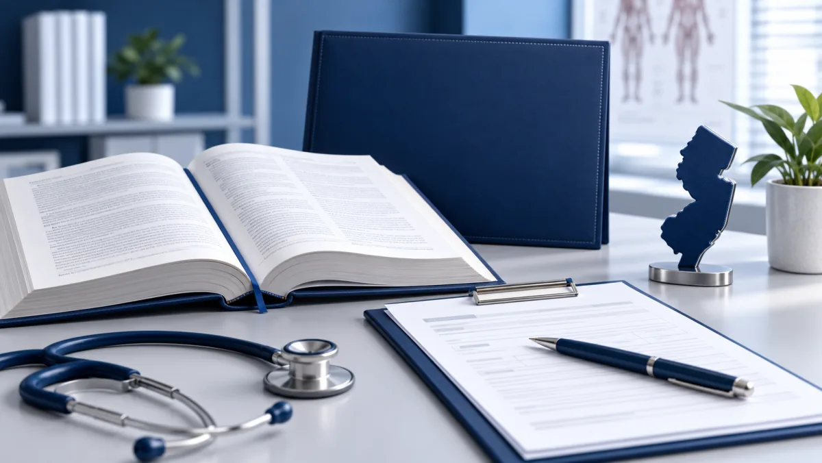Open reference book and application clipboard beside a New Jersey-shaped ornament