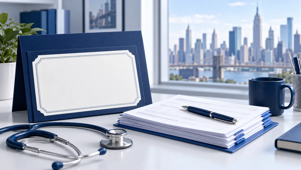 Certificate folder and application documents beside a window overlooking New York