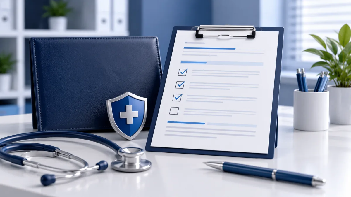 Registration checklist beside a credential portfolio and blue medical shield