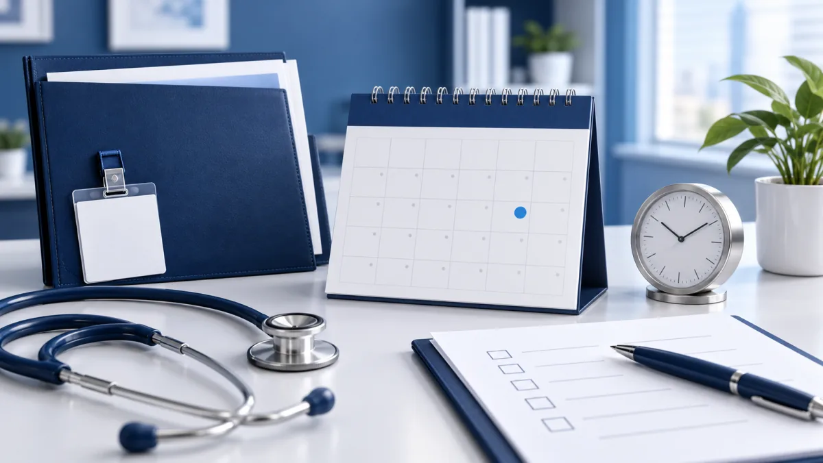 Renewal calendar and clock beside a credential folder and checklist