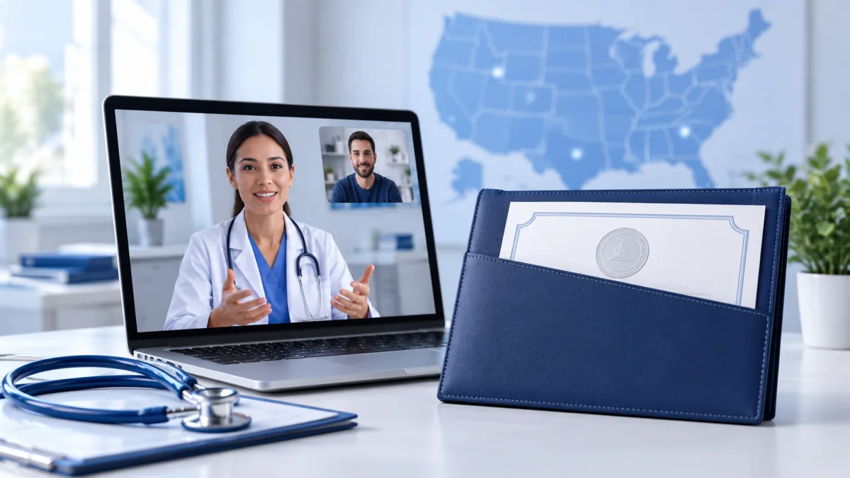 Video consultation on a laptop beside a medical credential folder and stethoscope