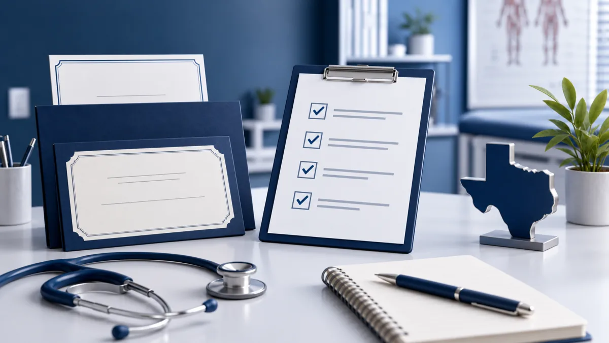 Certificate folders, application checklist, and Texas-shaped ornament on a medical office desk