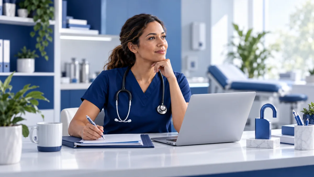 Nurse practitioner at a clinic desk beside a laptop and open-padlock ornament