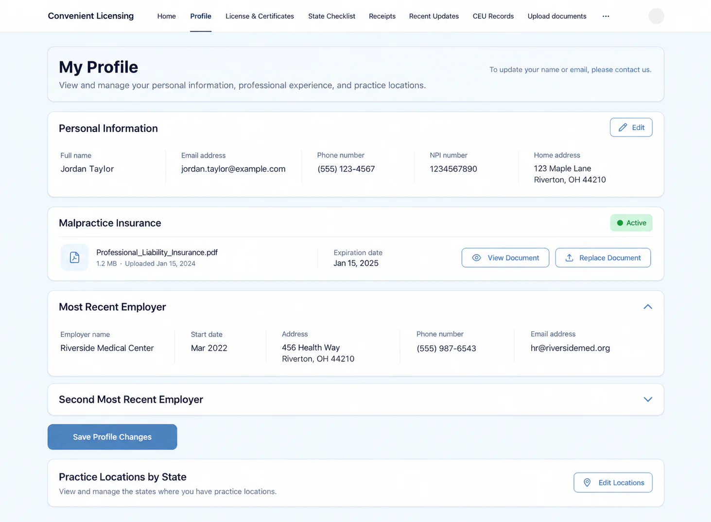 My Profile portal view with personal information, malpractice insurance, employers, and practice locations
